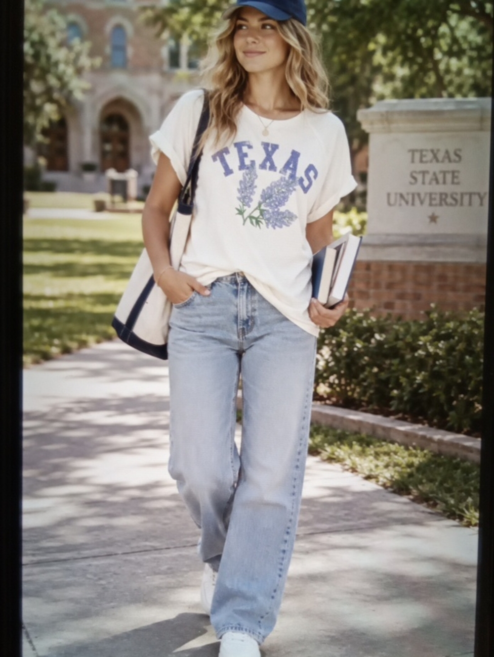 We The Free Texas Blubonet Graphic Tee Ivory Cotton Oversized Collegiate Relaxed